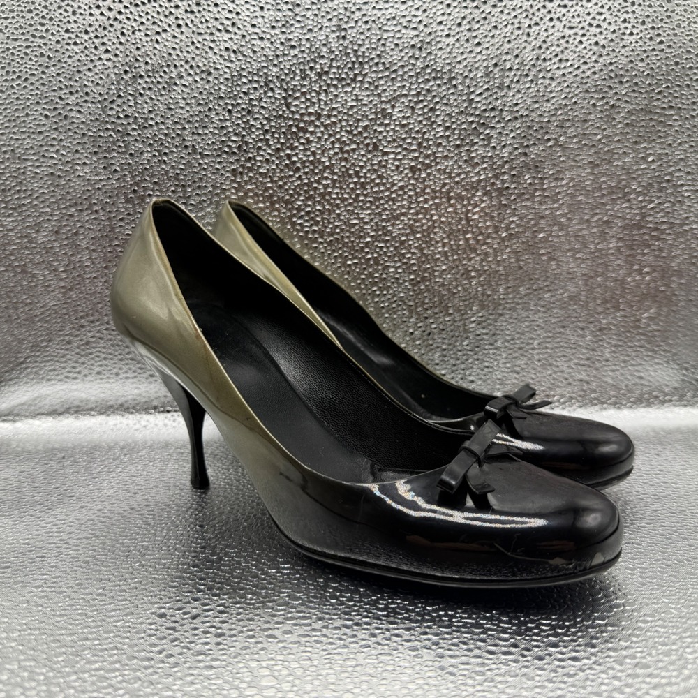 Size 37.5 Prada Ombre Patent Leather Pumps Womens Black Green Good Bow Stiletto